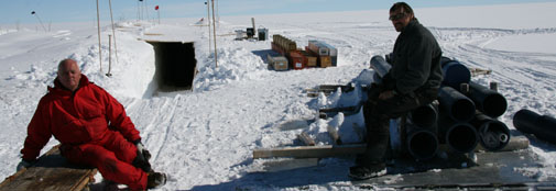 Camp activities: snow blowing and moving the heavy casing tubes down into the drill trench.