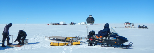 Helle and Paul are taking snow samples, while Anna is watching the traverse train go by. To the right: The snowmobile with radar equipment.