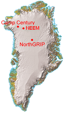 Map of Greenland showing location of camps