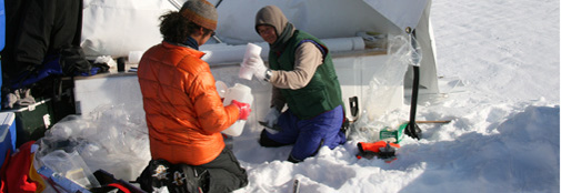 James tager prøver fra en håndboret iskerne for at studere sporstoffer fra metaller.