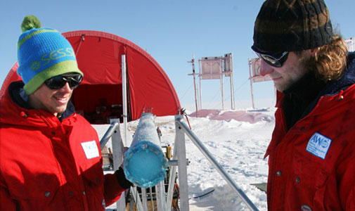 Martin and Phillip with the ?rescued? AWI drill. The blue glycol has coloured the ice core blue.
